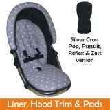 Matching Liner, Hood Trim & Harness Pads Package to fit Silver Cross Pop, Pursuit, Reflex & Zest Pushchairs - Silver Star Design